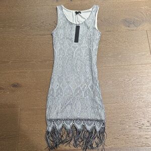 Venus Carbon38 Sleeveless Lace Fringe Dress Silver Gray Size S